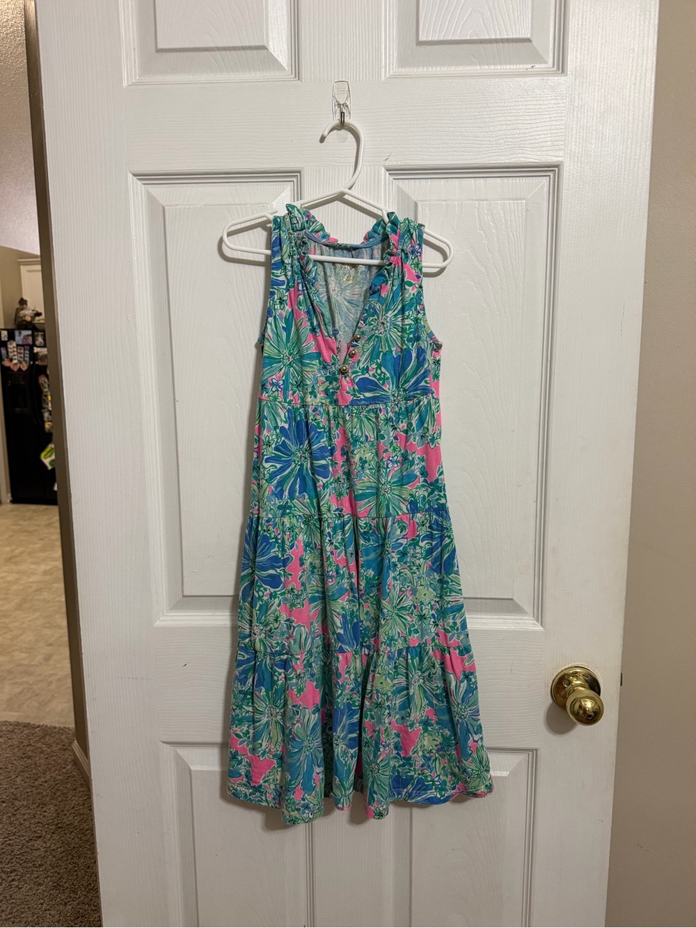 Lilly Pulitzer Teal and Pink Floral Tiered Maxi dress size 4-5